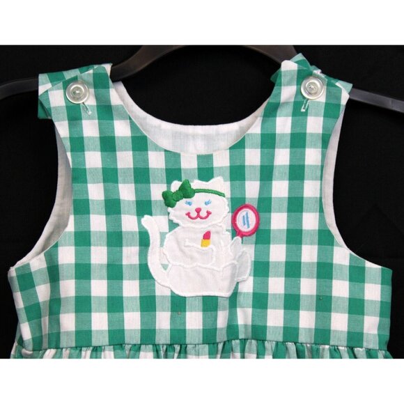 VTG Kelly's Kids Green Plaid Bubble Romper 4T Fluffy Cat Lipstick Mirror Summer - Picture 2 of 5